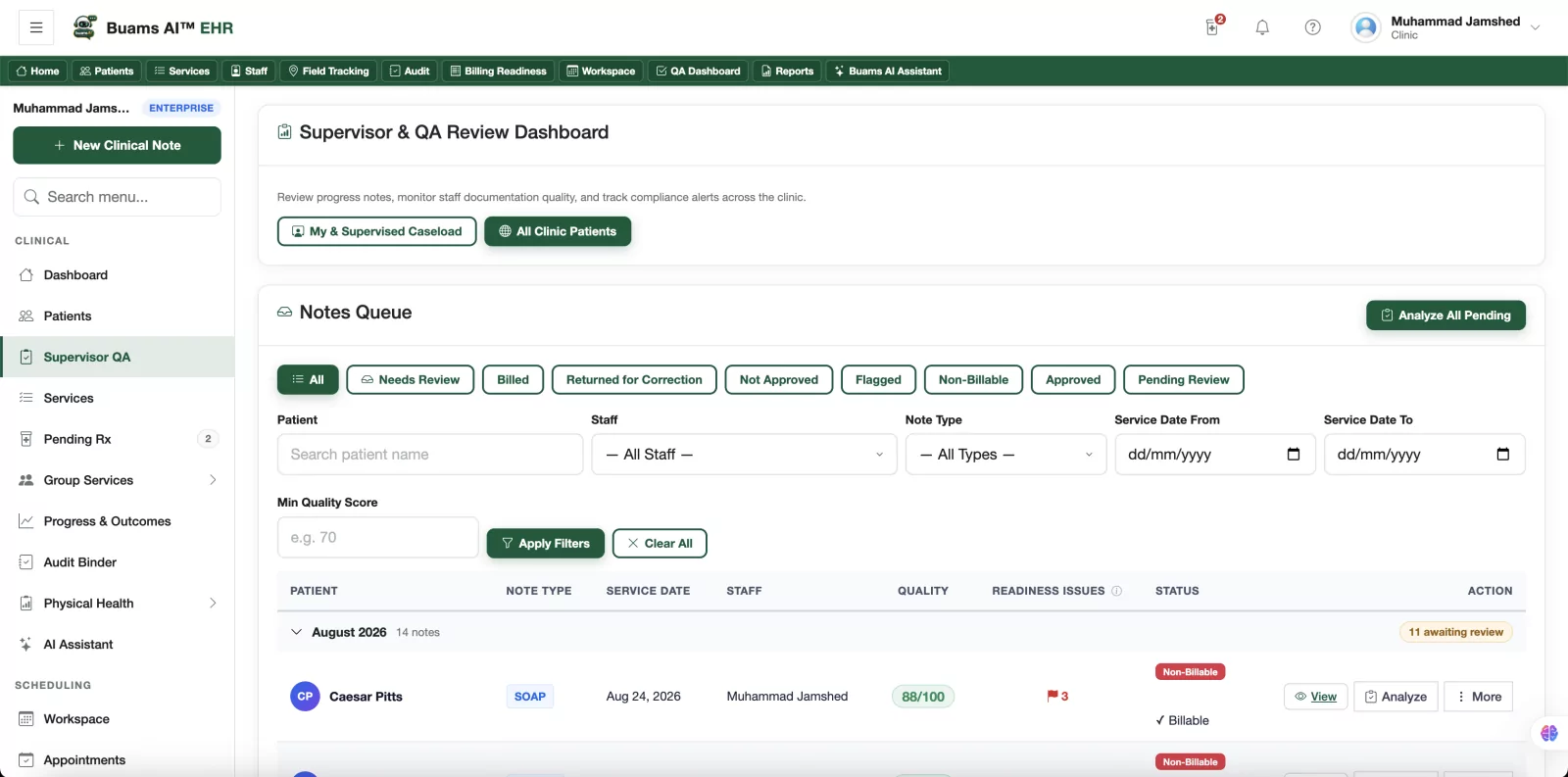 The Supervisor and QA review dashboard in Buams AI: a notes queue filtered by review status, staff, note type and service date, with a quality score, readiness issue count and review status on every row.